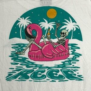 Reef men’s whitete 2XL graphic tee t shirt pink flamingo pool floatie skeleton